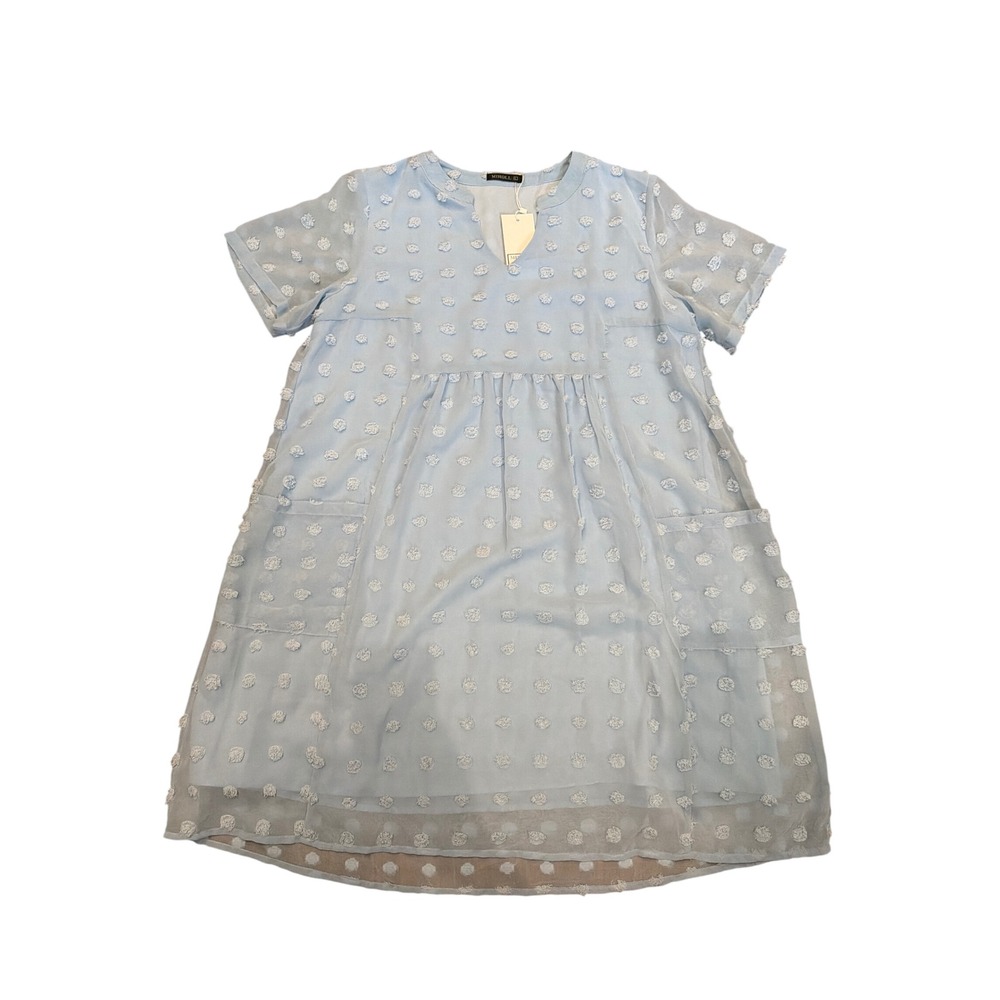 Miholl Womens Light Blue Swiss Dot Babydoll Shift Dress Short Sleeve Size L NEW